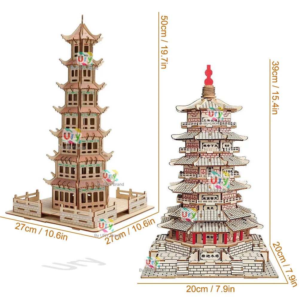 3D Wooden Puzzle Chinese Ancient Pagoda Architecture Mortise and Tenon Tower Model DIY Kits Toys Desk Decoration Gifts for Kids