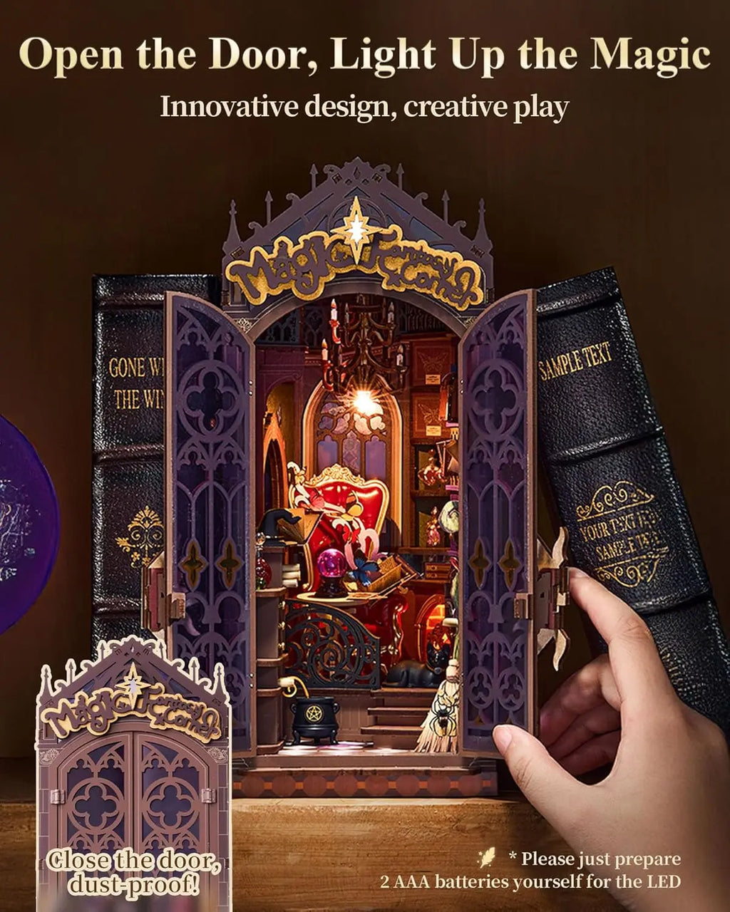 Robotime Rolife Book Nook Kits Magic Fantasy Corner DIY Booknook with Lights Miniature House Kit 3D Wooden Puzzle Bookshelf Gift