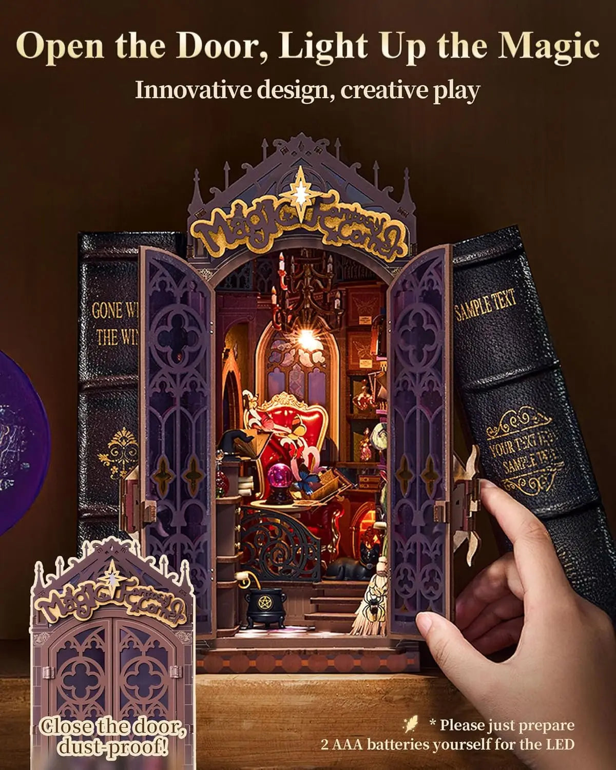 Robotime Rolife Book Nook Kits Magic Fantasy Corner DIY Booknook with Lights Miniature House Kit 3D Wooden Puzzle Bookshelf Gift