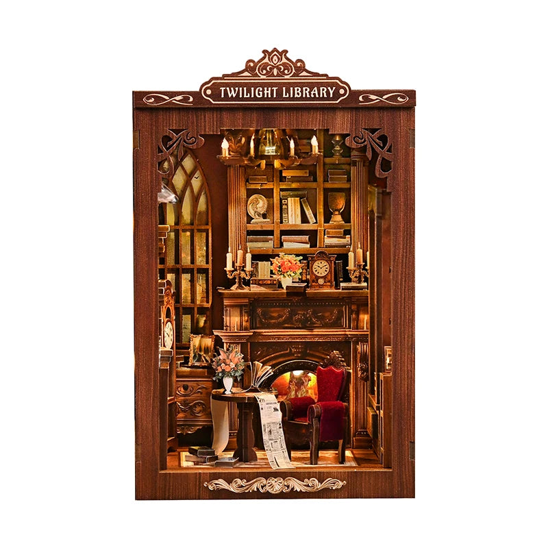 DIY Book Nook Kit - TWILIGHT LIBRARY Wooden Bookend, 3D Puzzle Assembly, Handmade Model for Christmas & Black Friday Gifts