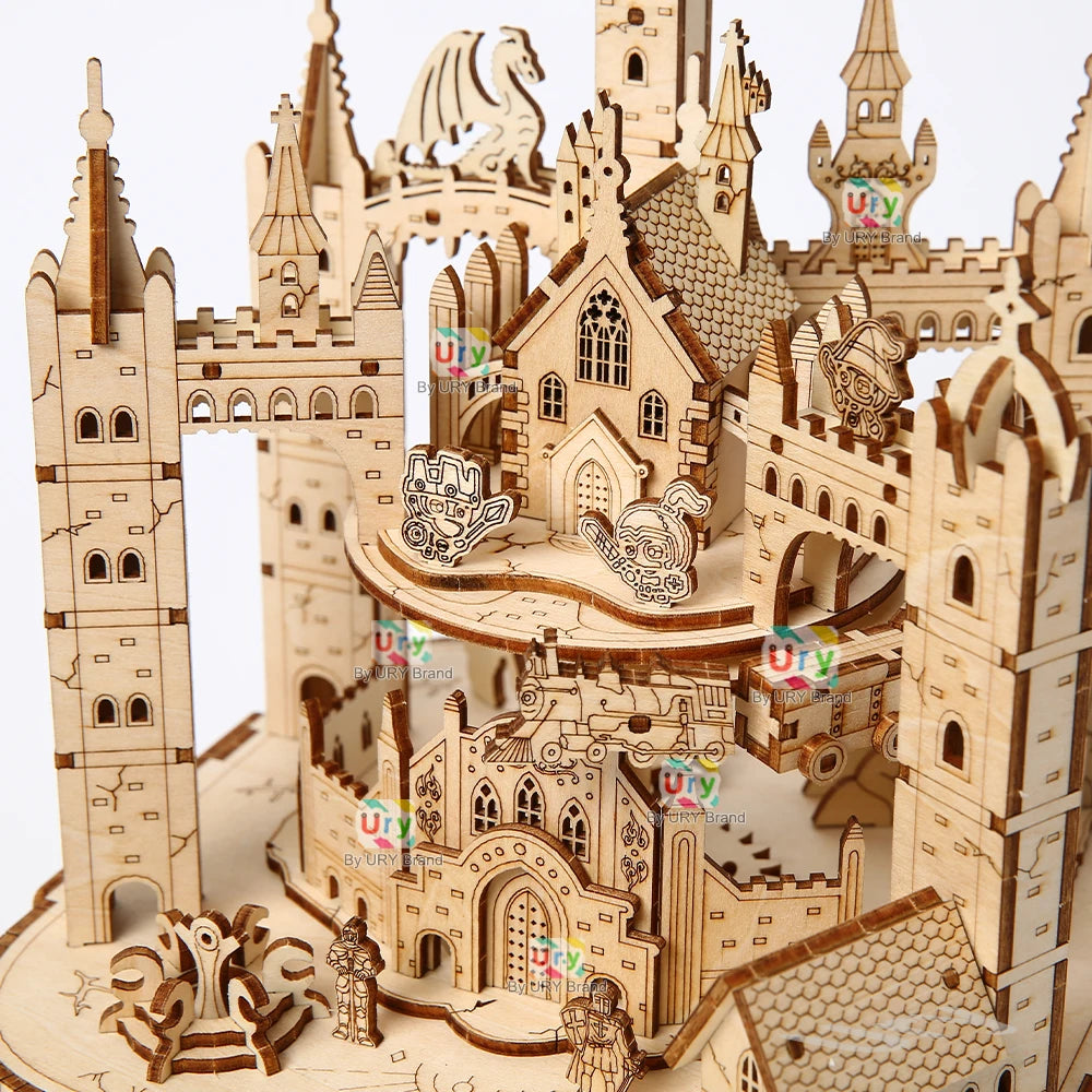 Ury 3D Wooden Puzzle Musical Octagonal Box Rotatable Touring Train Castle Model Mechanical Kit Decor DIY Toy Gift for Kid Adult