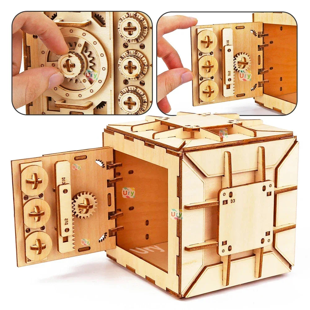 URY 3D Wooden Puzzle Password Treasure Money Box Piggy Bank DIY Advanced Assembly Model Toys Creative Gift for Lady Girls
