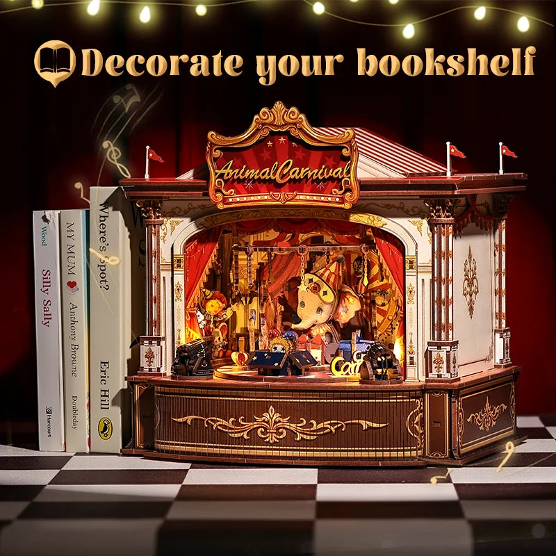 CUTEBEE Book Nook Kit DIY Music Box Wooden Doll House with Touch Light Miniature Model for Amazing Gifts Animal Carnival