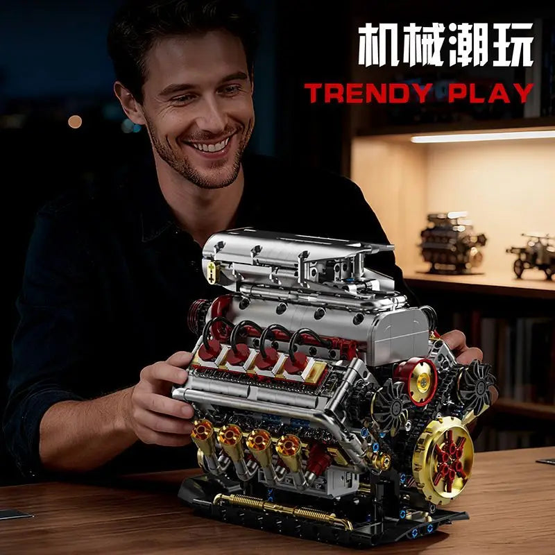 GQ3703 1176PCS V8 Engine Model Sports Car Simulation Cylinder Chain Drive Engine Building Blocks Ornaments Bricks Toy Kids Gift