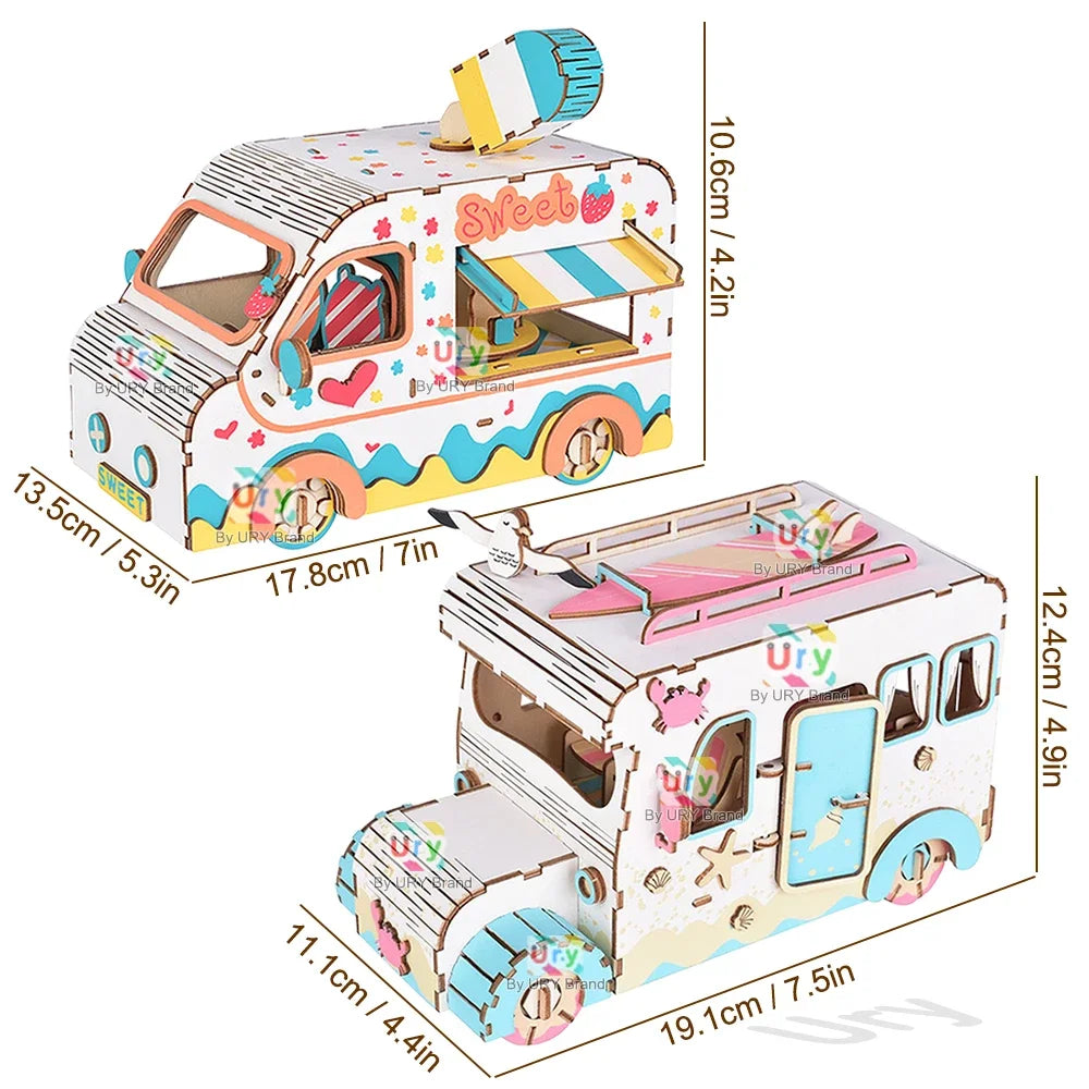 Ury 3D Wooden Puzzle Colorful Dessert Cart Beach Camping RV Truck Movable Retro Vehicle Assembly Model Decoration Gift for Kids