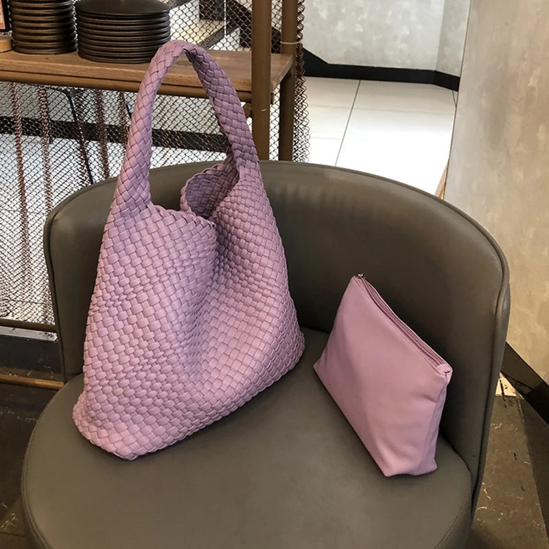 2025 Fashion Soft Hobo Weave Shoulder Handbag With Insert Organizer Woven Vegan Leather Top-handle Tote All-Match Underarm Bag