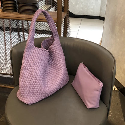 2025 Fashion Soft Hobo Weave Shoulder Handbag With Insert Organizer Woven Vegan Leather Top-handle Tote All-Match Underarm Bag