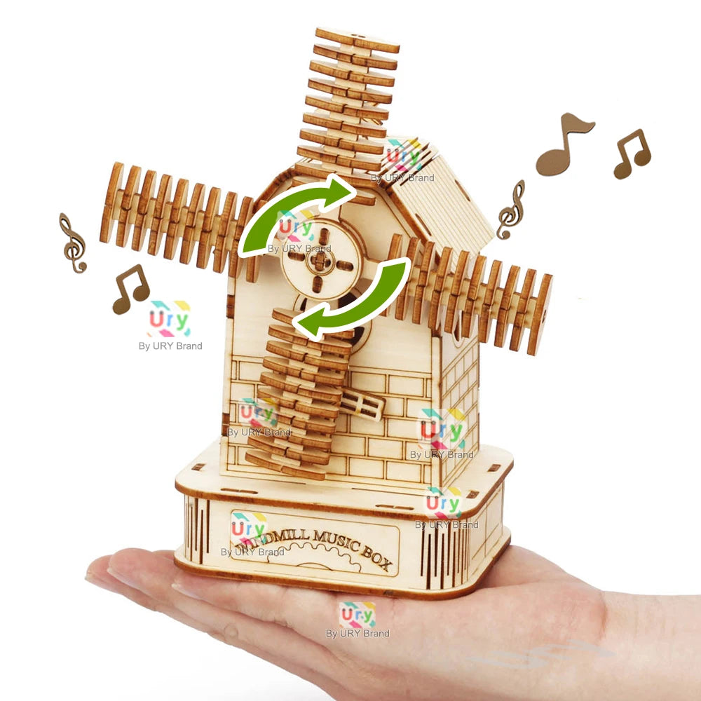 Rotatable DIY 3D Puzzles Windmill Ferris Wheel Music Octave Box Wooden Model Mechanical Kits Assembly Decor Toys Gifts for Kids