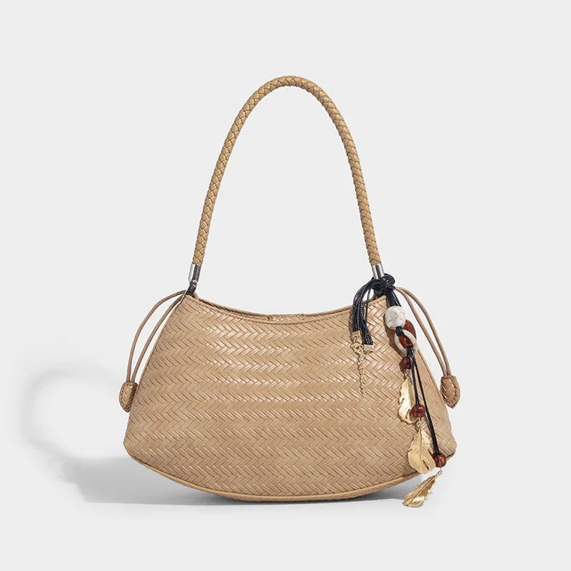 Handmade Weave PU Drawstring Tote Bags For Women Luxury Designer Handbags Purse 2025 New Vintage With Inner Pocket Shoulder