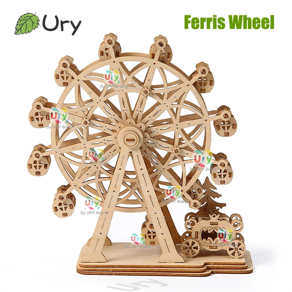 DIY Laser Cutting 3D Wooden Puzzle Ferris Wheel Carousel Mechanical Model Assembly Craft Kits Desk Decoration for Christmas Gift