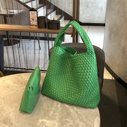 2025 Fashion Soft Hobo Weave Shoulder Handbag With Insert Organizer Woven Vegan Leather Top-handle Tote All-Match Underarm Bag