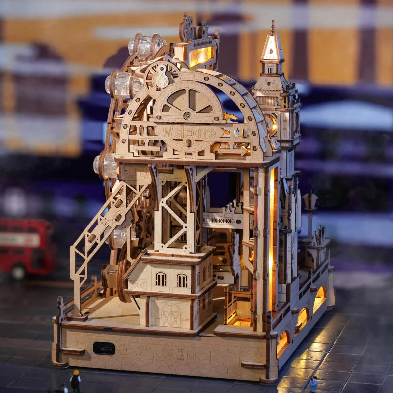 Robotime 3D Wooden Puzzle Marble Run Building Kit London City Model with Lights Mechanical DIY Landmark Puzzle for Adults Teens