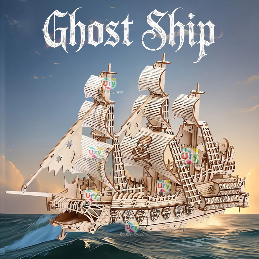 Ury DIY 3D Wooden Puzzle Retro Style Halloween Ghost Pirate Ship Model Toys Handmade Set Home Decoration Christmas Gift for Kids