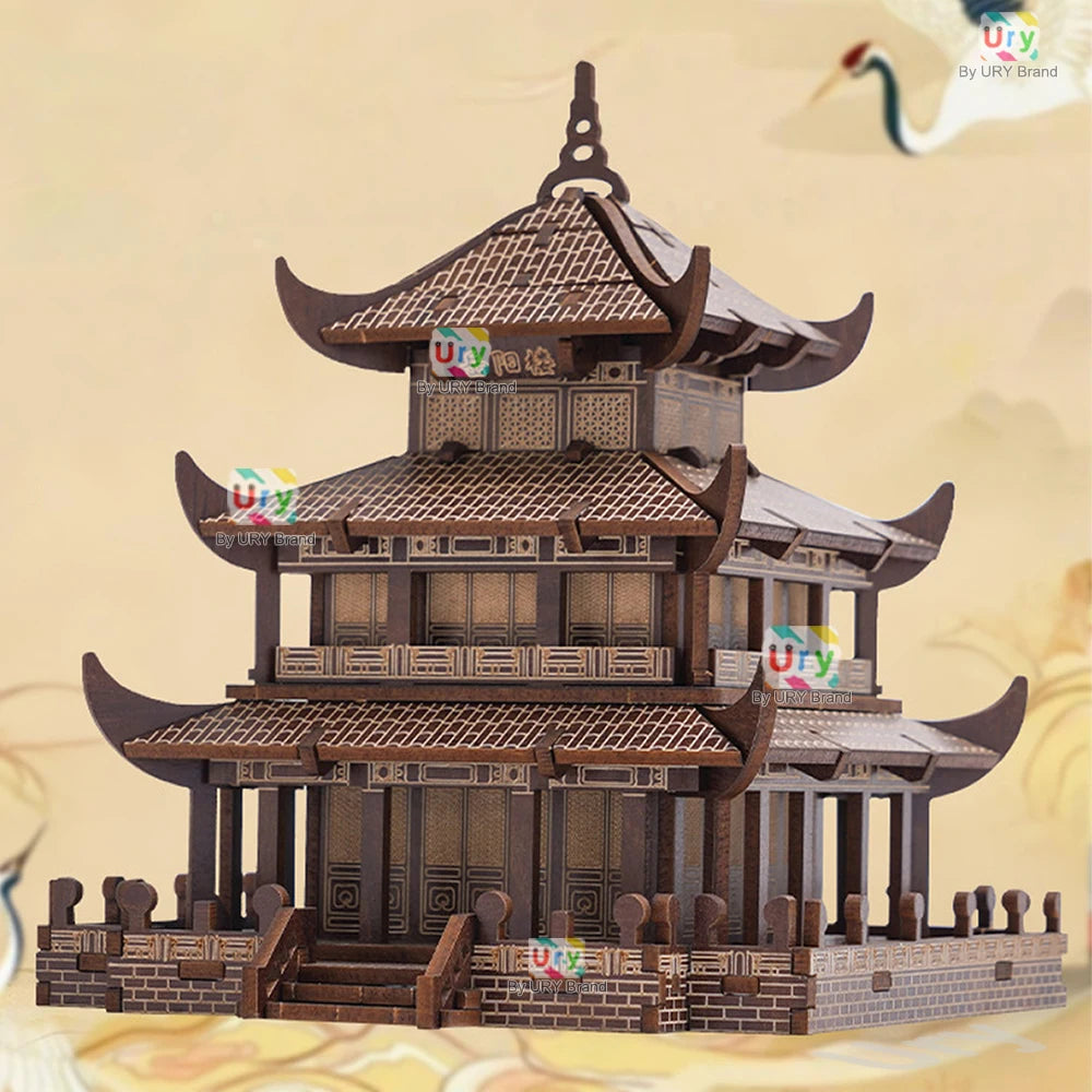 Ury 3D Wooden Puzzle Chinese Yueyang Tower Ancient Pagoda Traditional Building DIY Model Assembly Desktop Toy Gift for Adult
