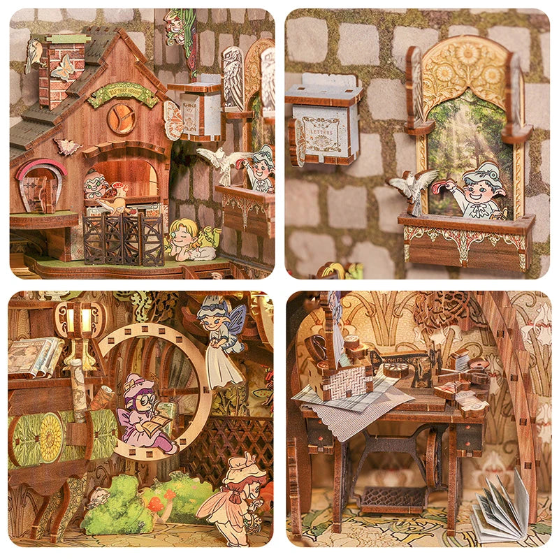 CUTEBEE DIY Gifts Ideas Book Nook Kit Crafts Wooden Doll House Touch Light Elven Paradise Diorama Bookshelf Insert Decor Model