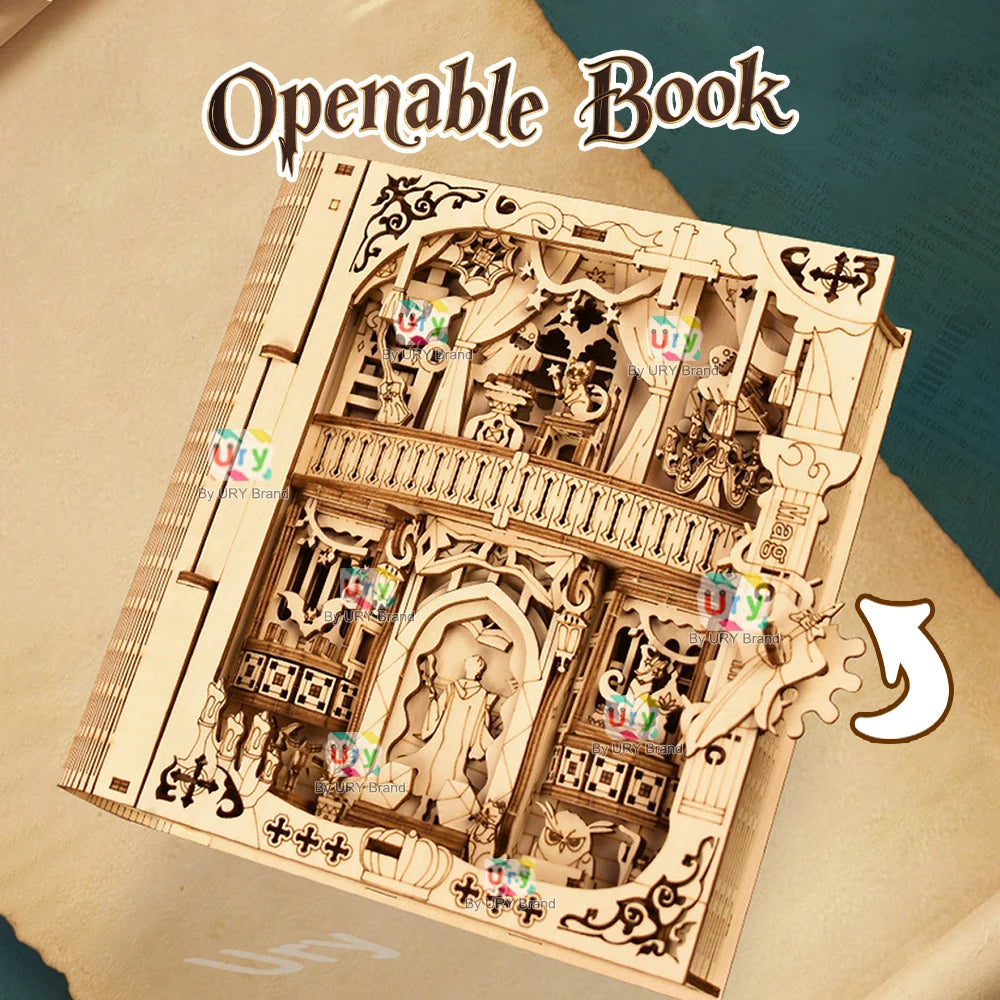 Ury 3D Wooden Puzzle Movie Serie Magic Book Box Spellbook Magician Cat Owl Messenger Model DIY Toy Decoration Gift for Kid Adult