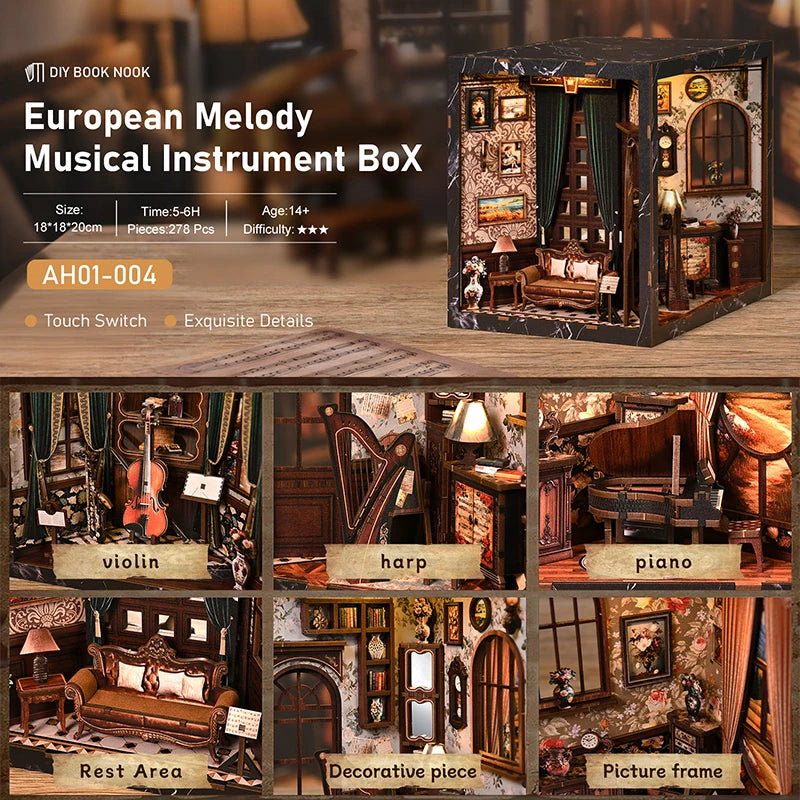 European Melody Musical Instrument Box DIY Miniature House, 3D Puzzle Bookend Model, Wooden Bookend. Creative Gift