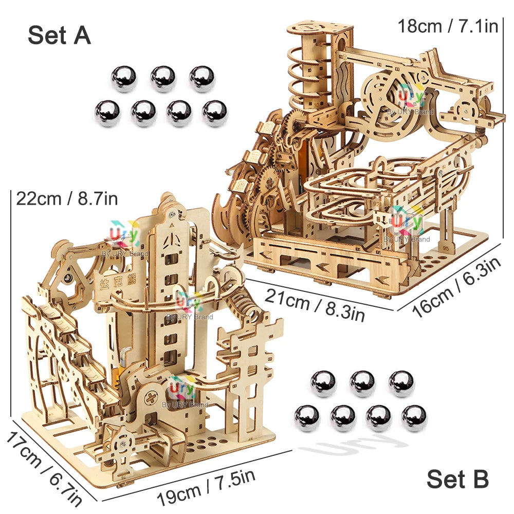 Ury 3D Wooden Puzzles Electric Catapult Track Device Marble Run Set Mechanical Model Science Maze 7 Balls Assembly Gift for Kids