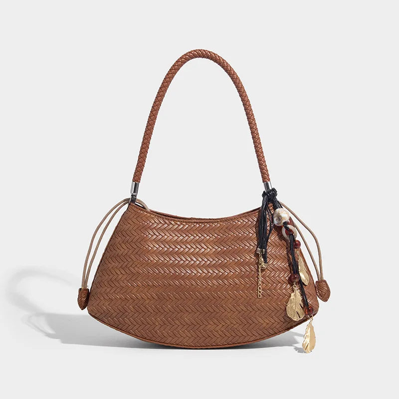 Handmade Weave PU Drawstring Tote Bags For Women Luxury Designer Handbags Purse 2025 New Vintage With Inner Pocket Shoulder
