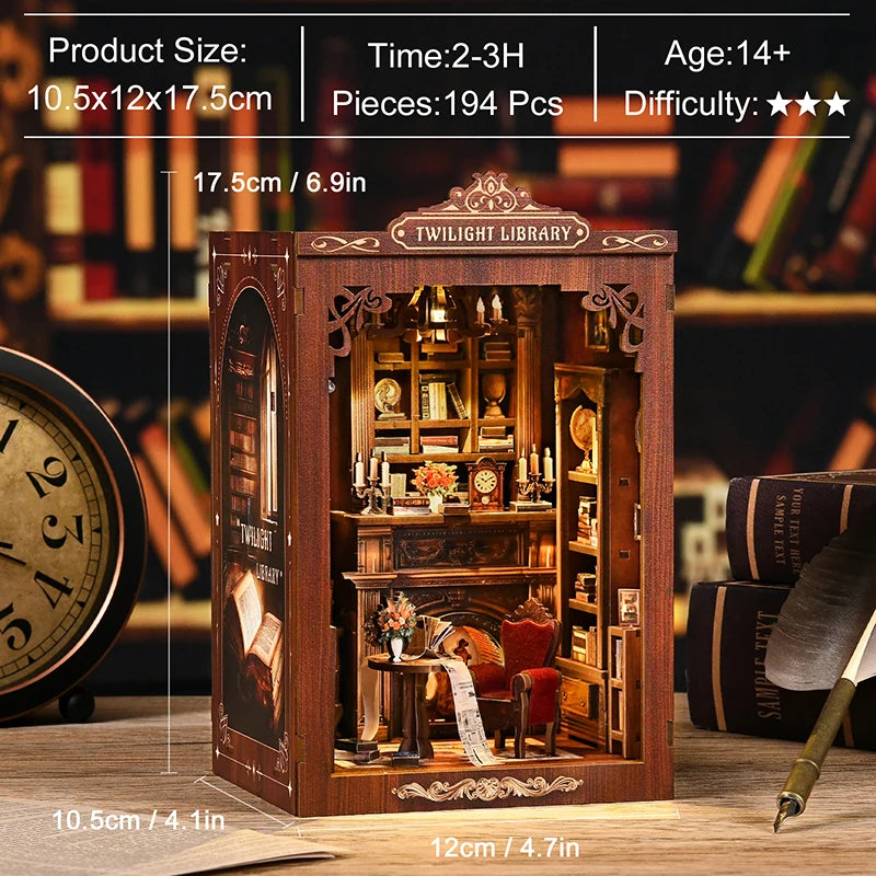 DIY Book Nook Kit - TWILIGHT LIBRARY Wooden Bookend, 3D Puzzle Assembly, Handmade Model for Christmas & Black Friday Gifts