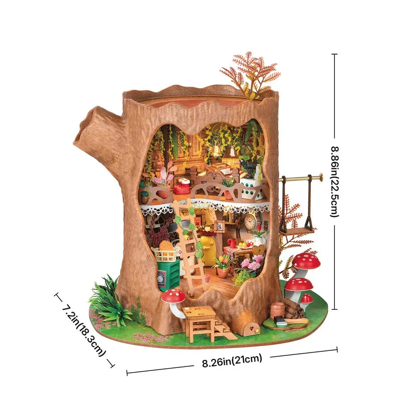 Robotime Rolife DIY Miniature House Kit Fairytale Tree House Dollhouse Building Kit Antique Bookshelf Display Crafts for Adults
