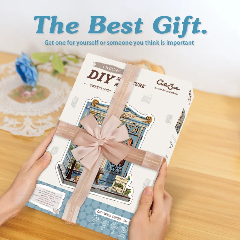 CUTEBEE Book Nook Kit DIY Doll House with LED Light Bookshelf Insert Sweet Marie Miniature Model For Birthday Family Gift