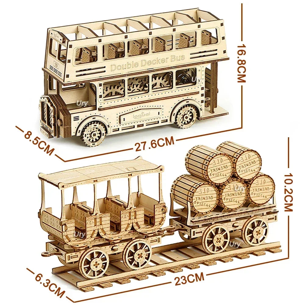 Ury 3D Wooden Puzzle Movable Retro Steam Train Double-decker Bus Handmade Assembly Truck Model DIY Toys Decoration Gift for Kids