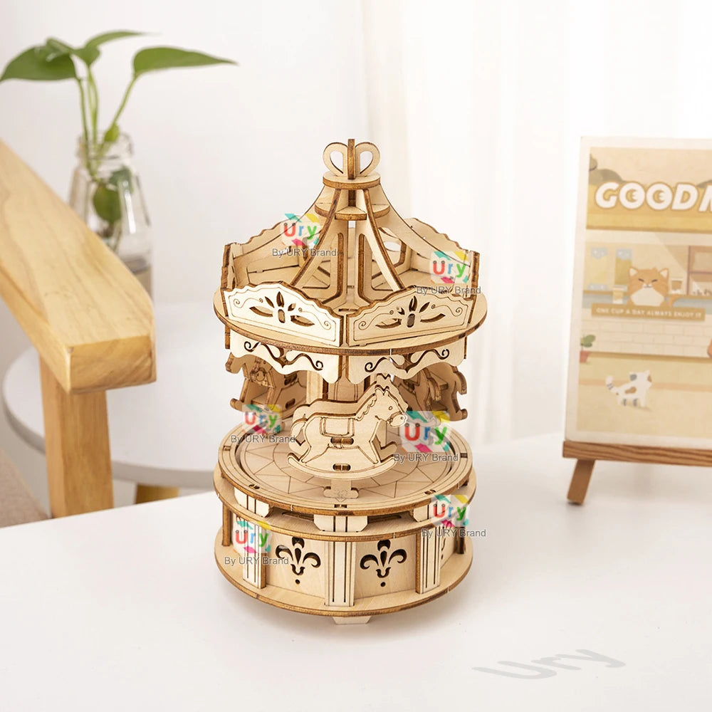 Rotatable DIY 3D Puzzles Carousel merry-go-round Music Octave Box Wooden Model Mechanical Kits Assembly Decor Toys Gift for Kids
