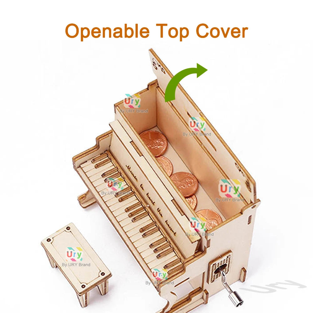 Ury DIY 3D Puzzle Piggy Bank Piano Hand Cranked Music Octave Box Wooden Model Mechanical Kits Assembly Decor Toys Gifts for Kids