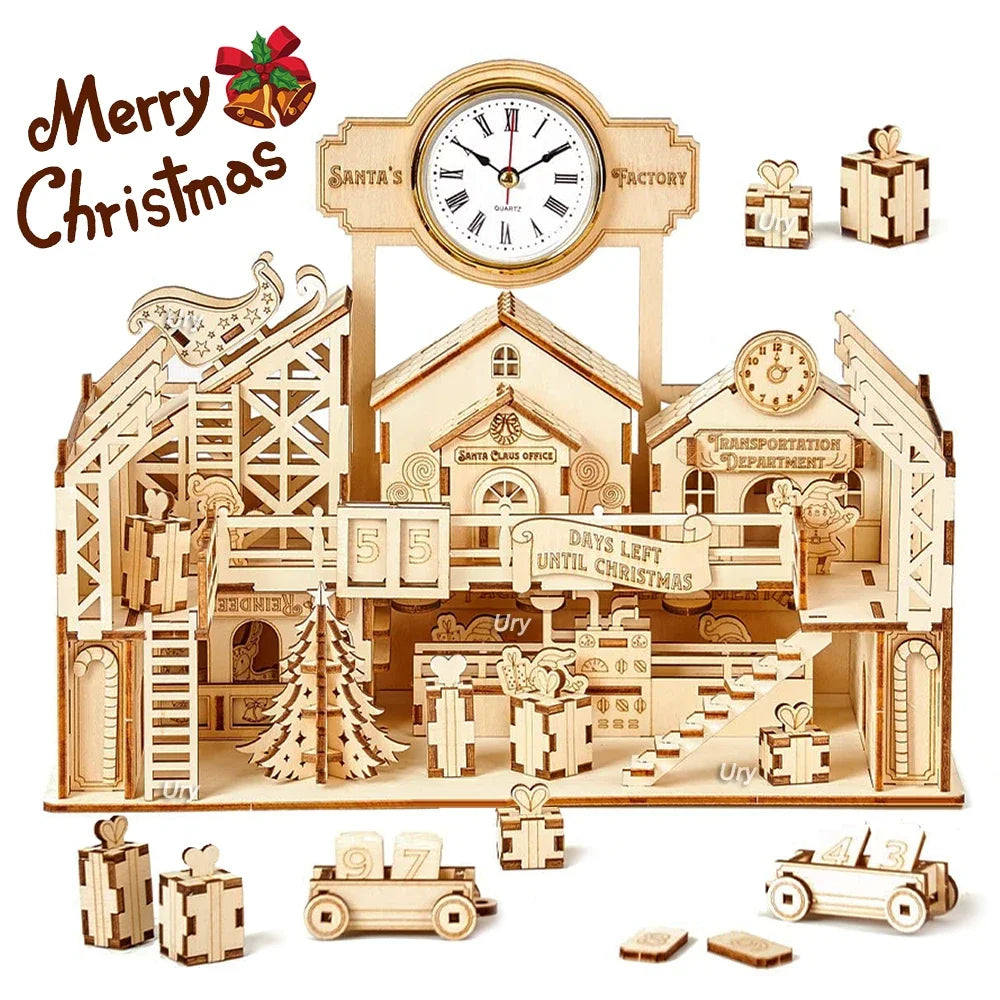 Ury 3D Wooden Puzzle Christmas Factory Table Clock Countdown Calendar Retro Toy for Kids Adults DIY Model Kit Decoration Gifts