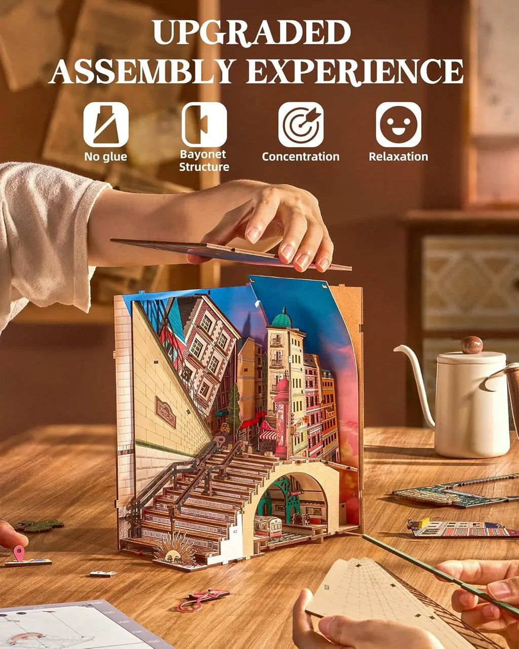 Robotime DIY Miniature House Book Nook Kits Street Scene Booknook with Lights Diorama Model Building Kit Decor Gift for Adults