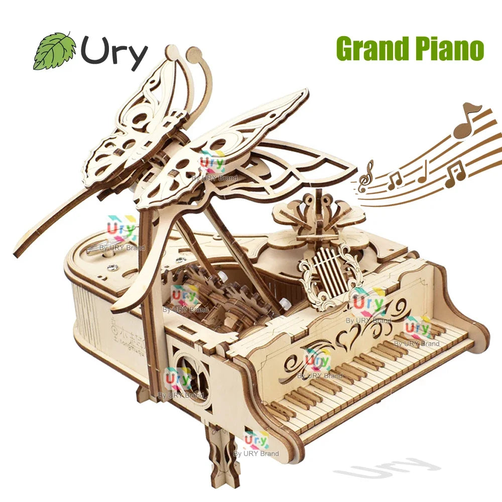 URY 3D Wooden Butterfly Grand Piano Hand Crank Musical Movement DIY Retro Toy Rhythm Device Model for Children Christmas Gift