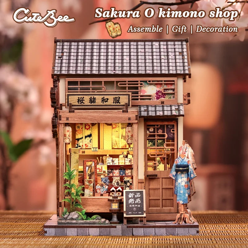 CUTEBEE Book Nook Kit DIY Doll House Wooden Puzzle Bookshelf Insert Miniature Model Christmas Gift for Sakura O kimono Shop