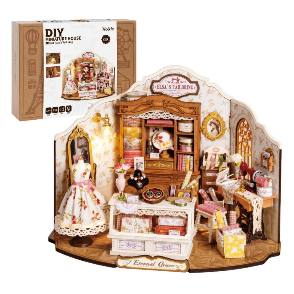 Robotime Rolife Elsa's Tailoring DIY Miniature House Kit Wooden Dollhouse with LED Lights Handmade Craft Gift for Adults