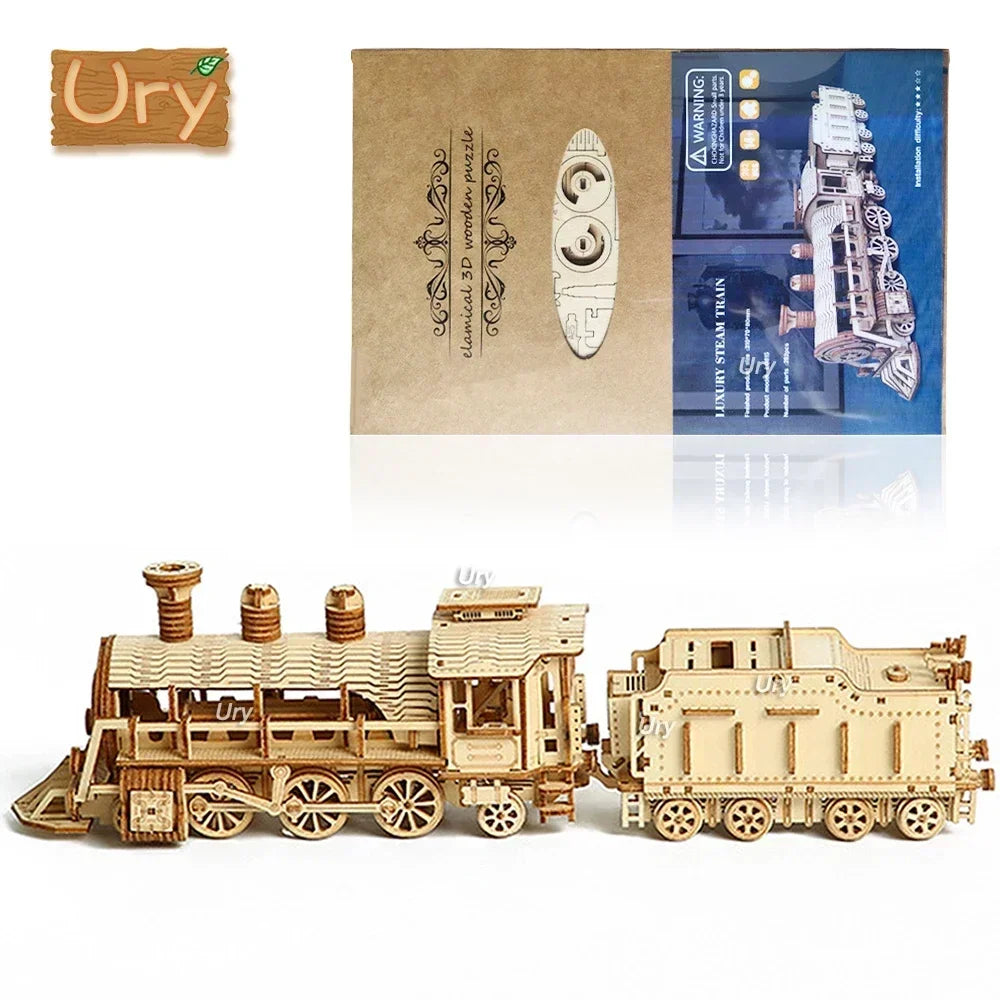 Ury 3D Wooden Puzzle Movable Retro Steam Train Double-decker Bus Handmade Assembly Truck Model DIY Toys Decoration Gift for Kids