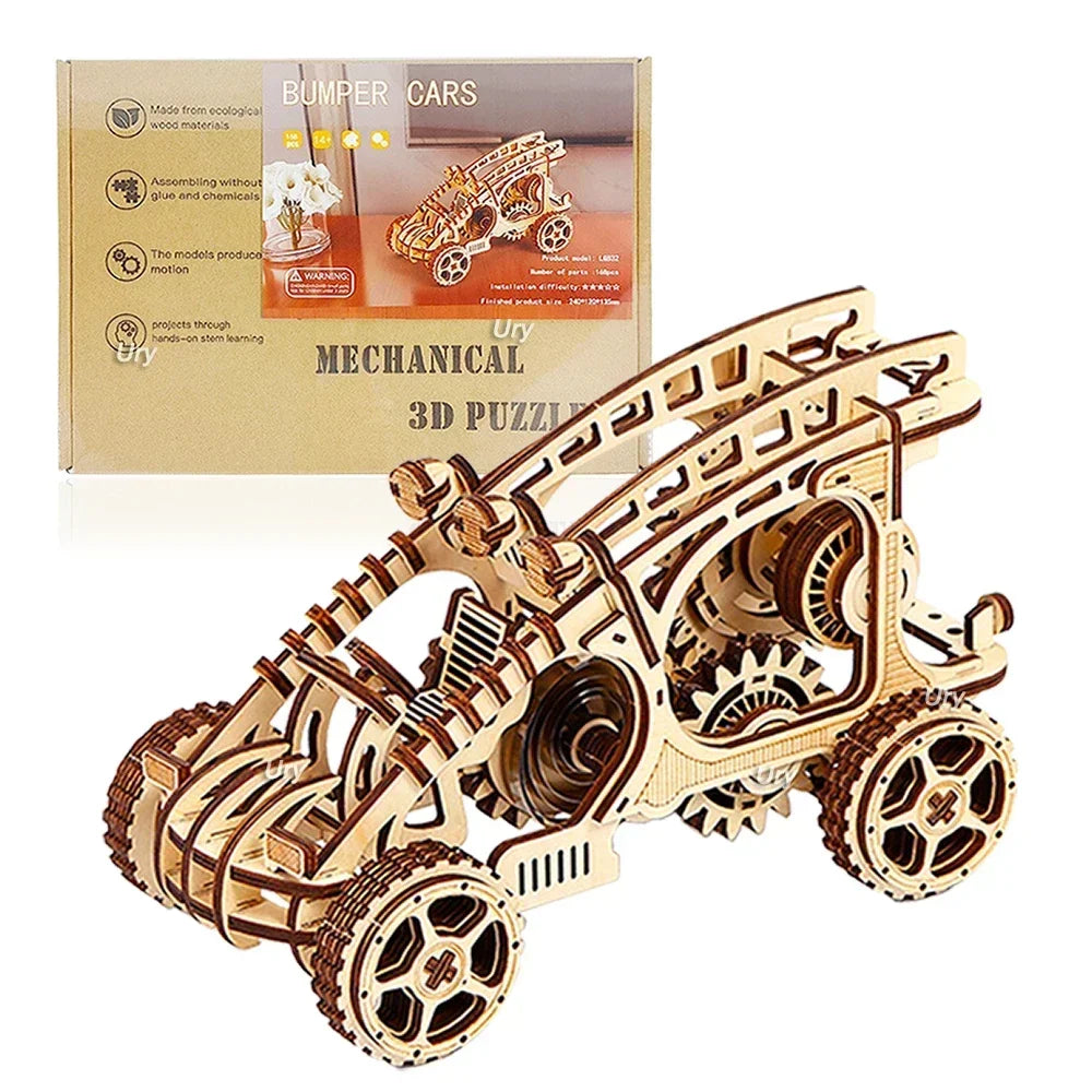 Ury 3D Wooden Puzzle Movable Retro Biplane Crane Bulldozer Handmade Assembly Truck Model DIY Toys Decoration Gift for Kids