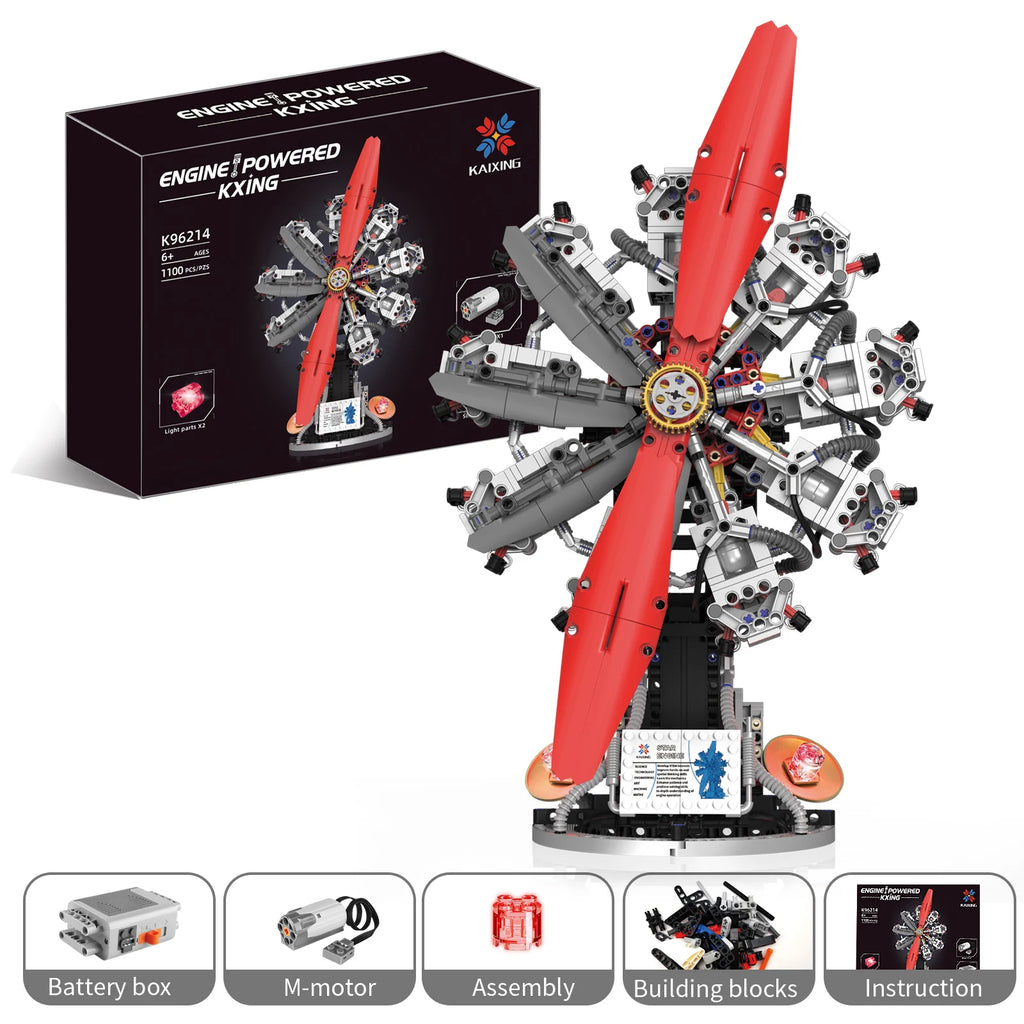 K96214 1100PCS Radial Aircraft Engine Model Light Version 9-Cylinder Building Kit with Realistic Mechanics for Adults  Teens