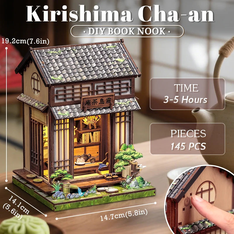 CUTEBEE Book Nook Miniature Building Kits Dollhouse DIY Wooden Mini Doll House for Party Birthday Gift Kirishima Cha-an