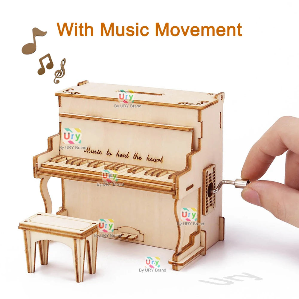 Ury DIY 3D Puzzle Piggy Bank Piano Hand Cranked Music Octave Box Wooden Model Mechanical Kits Assembly Decor Toys Gifts for Kids