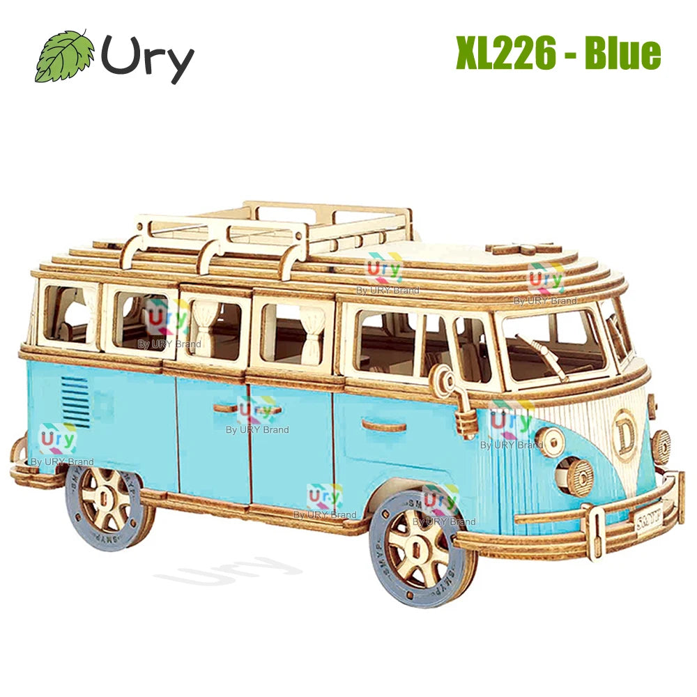 Ury 3D Wooden Puzzle Retro Camping Car Bus Classic Nostalgic Movie Vehicle Assembly Model DIY Decoration Gift Toys for Kid Adult