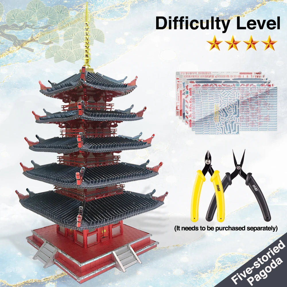 Piececool Puzzle 3D Metal Five-storied Pagoda Game Assembly Constructor Toy Model Building Kits Jigsaw Gift for Teen