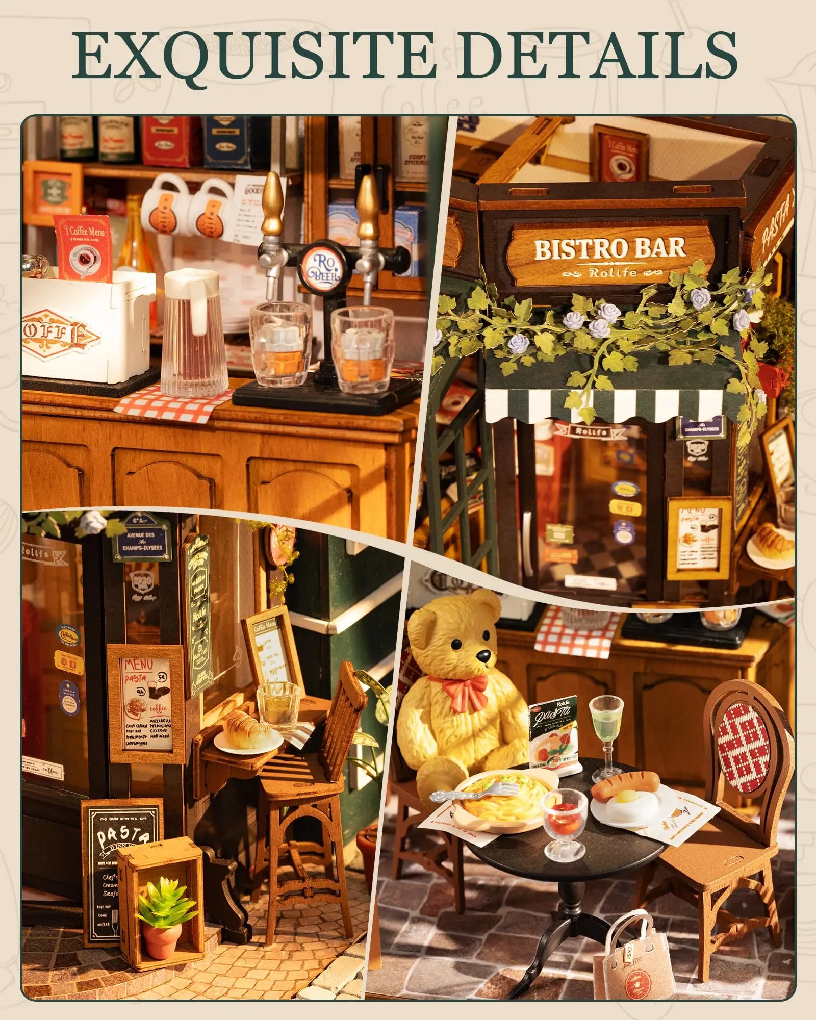 Robotime Rolife Tipsy Restaurant Miniature Dollhouse 3D Wooden Puzzle Bistro Bar Design Gifts for Family Home Decoration Toys