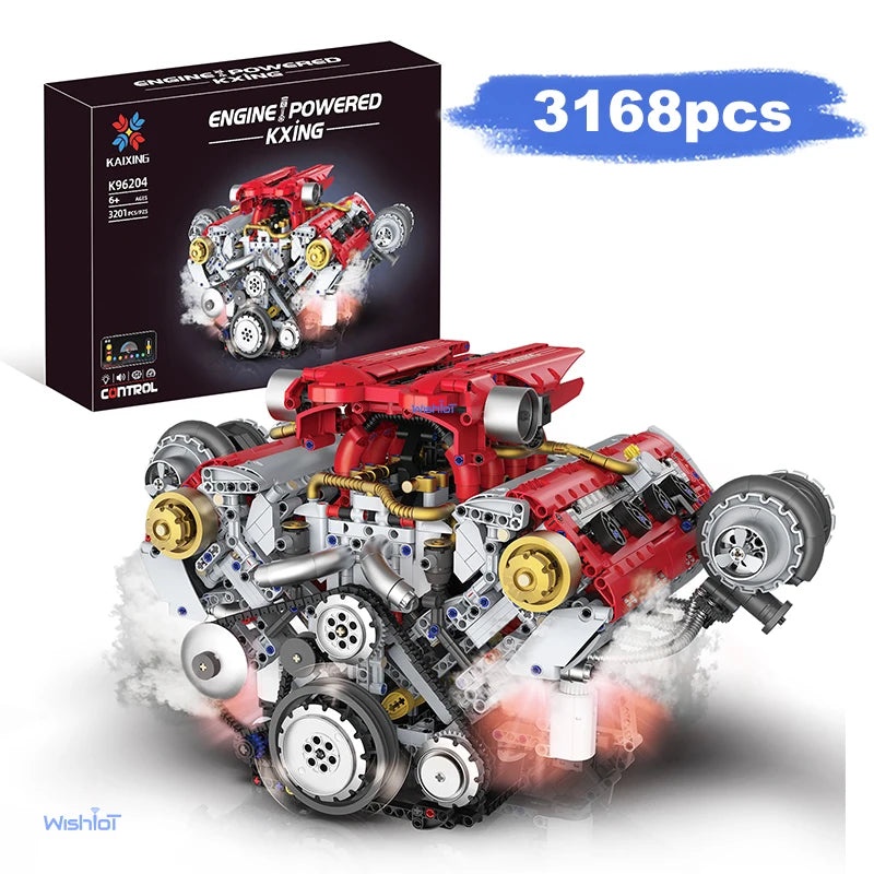 Motorized V8 Engine 3201Pcs Building Block Kit DIY Technical Car Model with LED Light Moving Parts STEM Toy for Adults Kids Gift