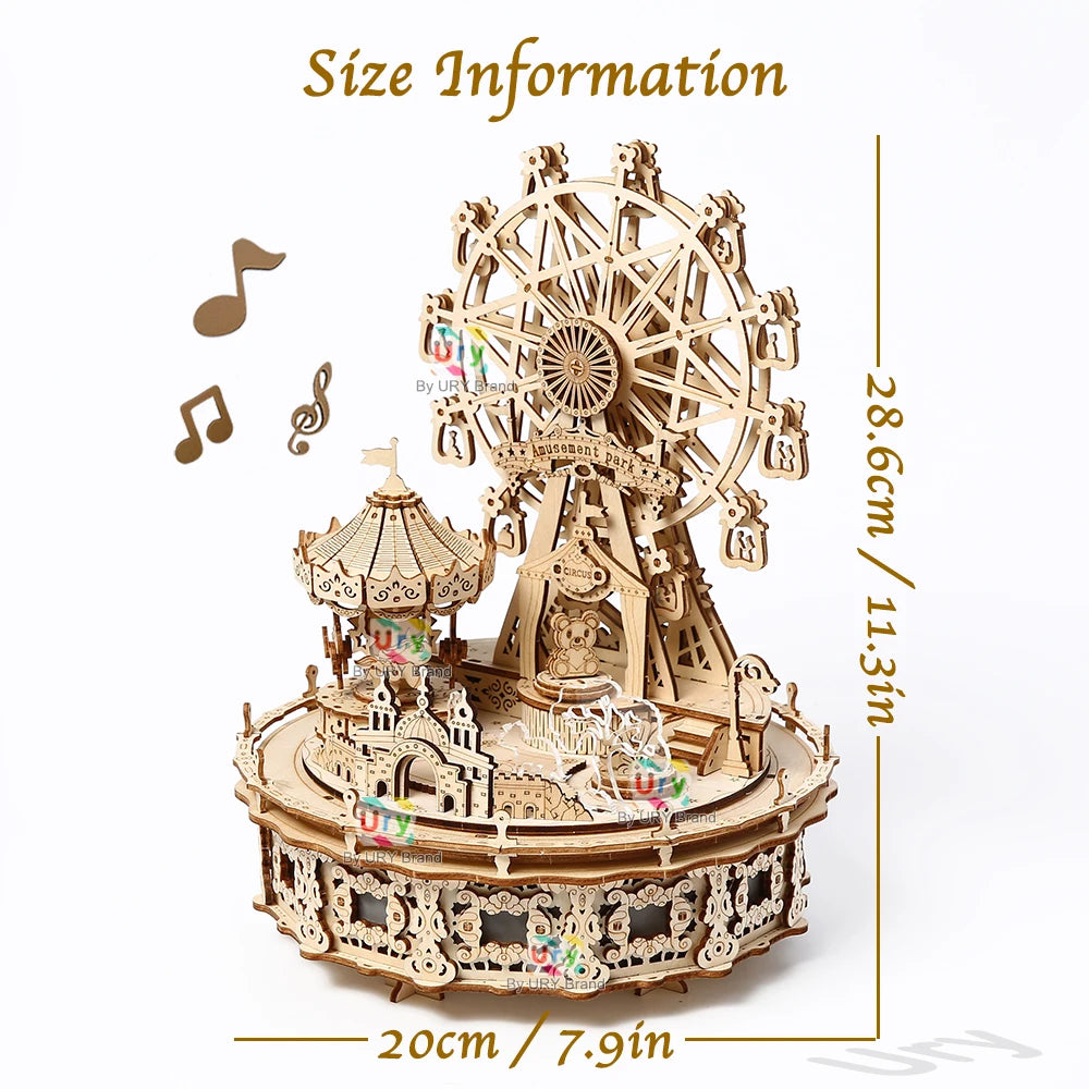 Ury 3D Wooden Puzzles Led Rotatable Ferris Wheel Amusement Park Music Octave Box Model Kit Assembly DIY Toy Gift for Kid Adult