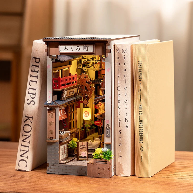 Robotime Rolife Sakura Wine Alley Japanese Style Design Book Nooks Kit for Family Home Bookshelf Decoration 3D DIY Wooden Puzzle