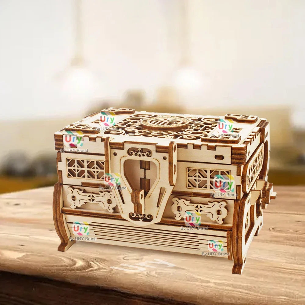 URY 3D Wooden Puzzle Mini Antique Treasure Box Dressing Case DIY Game Advanced Assembly Model Toys Creative Gift for Lady Girls