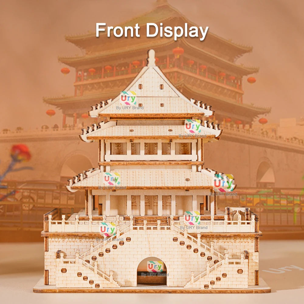 Ury 3D Wooden Puzzle Chinese Bell Tower Giant Wild Goose Pagoda Traditional Building DIY Model Assembly Desktop Gift for Adults