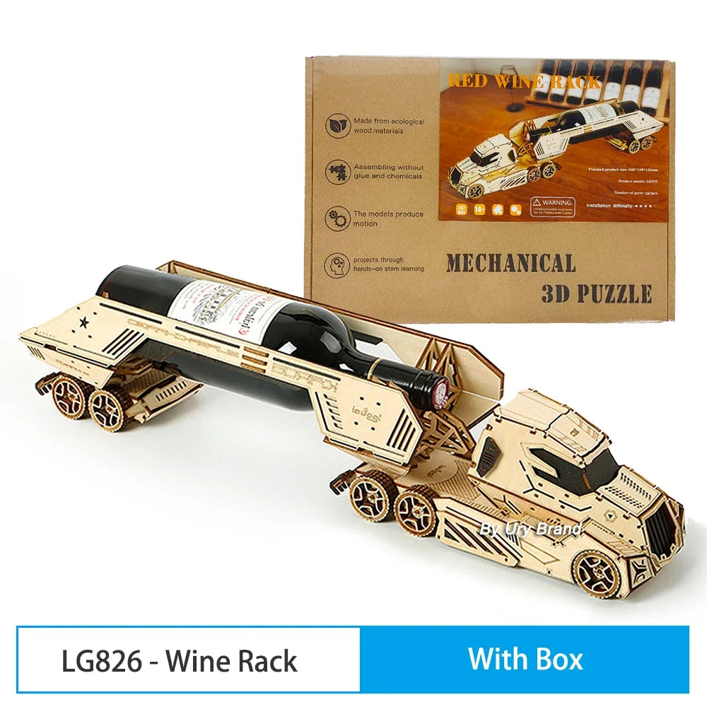 URY 3D Wooden Puzzle Retro Wine Rack Truck for Kids Adult DIY Assembly Model Toy Craft Kits Desktop Decoration Christmas Gift