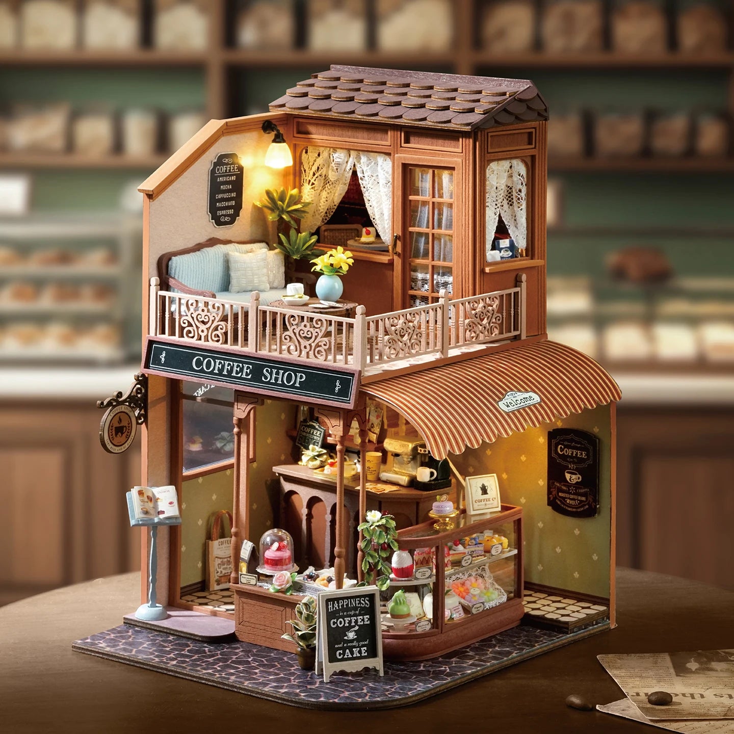 New DIY Miniature House Kit - Encounter with Time,Melody of Happiness' Retro Sweet Style Coffee-Themed Creative Gift