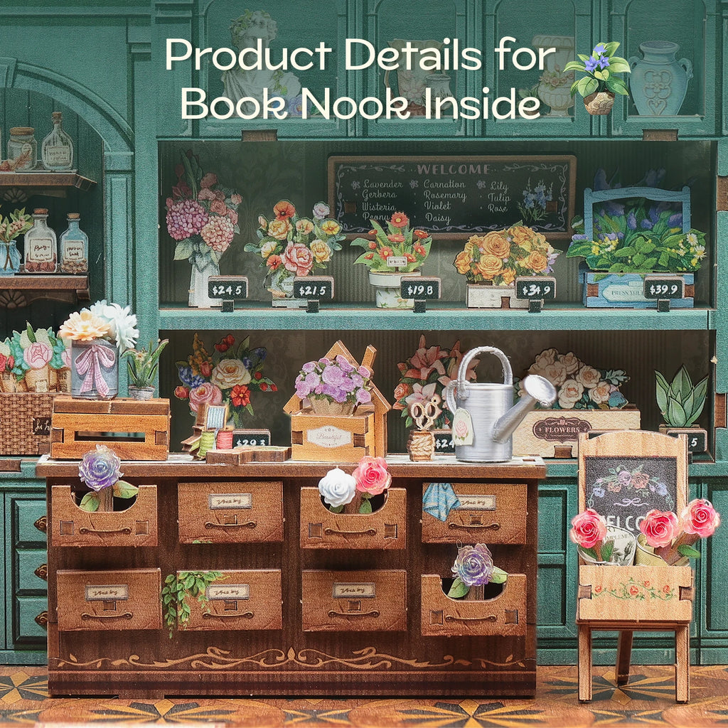 CUTEBEE Book Nook Kit DIY Doll House with LED Light Bookshelf Insert Blossom Florists Miniature Model For Birthday Family Gift